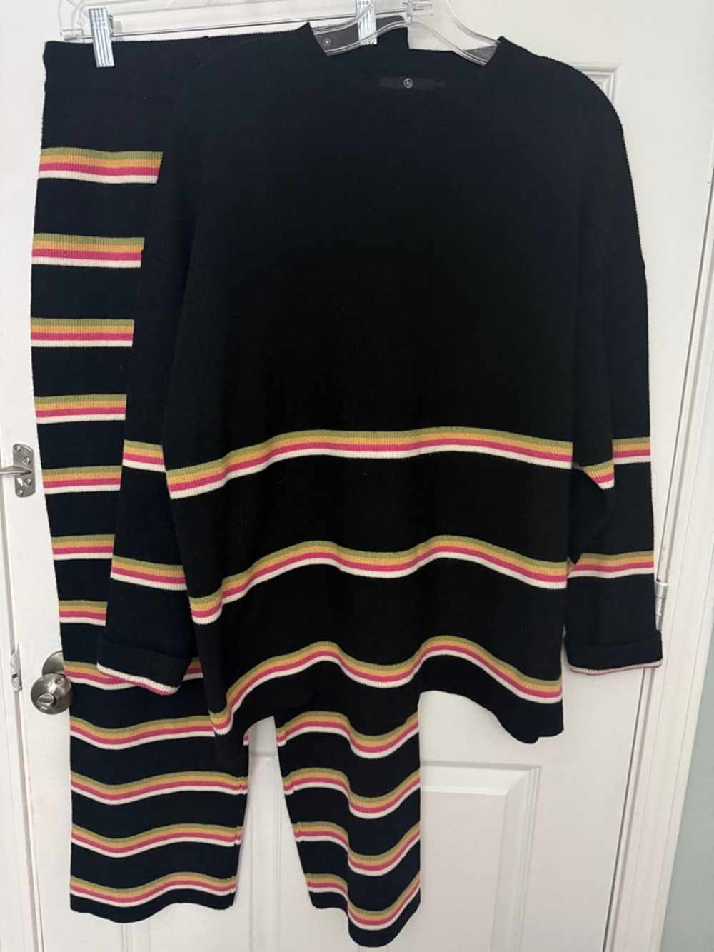 Black Knit Sweater and Pants Set with Yellow, Pink & Cream Stripes